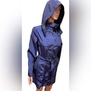 KRISTENBLAKE HOODED WATERPROOF LIGHTWEIGHT JACKET BELT WOMEN NAVY BLUE SIZE XS*